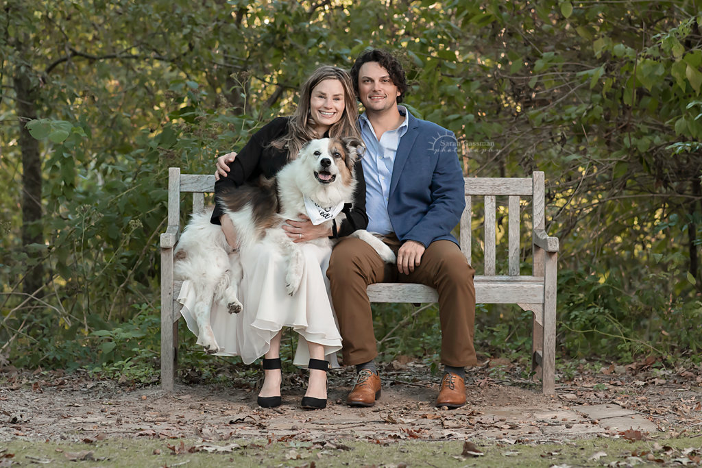 Couple sits on bench with dog engagement photos Houston TX, Houston family photographer