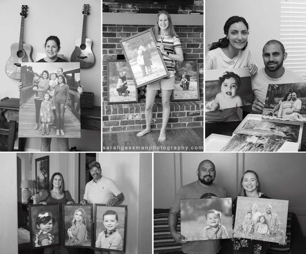 collage of delivery day of print products from Houston newborn photographer