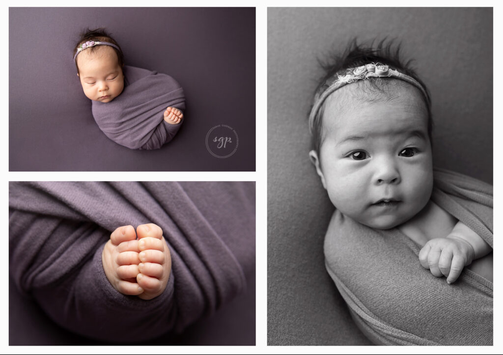 baby girl wrapped in purple during in-home newborn photo session, Houston, TX newborn photographer