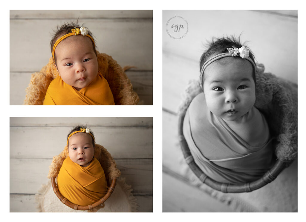 baby girl wrapped in golden yellow in basket newborn photo session, Houston, Texas newborn photographer