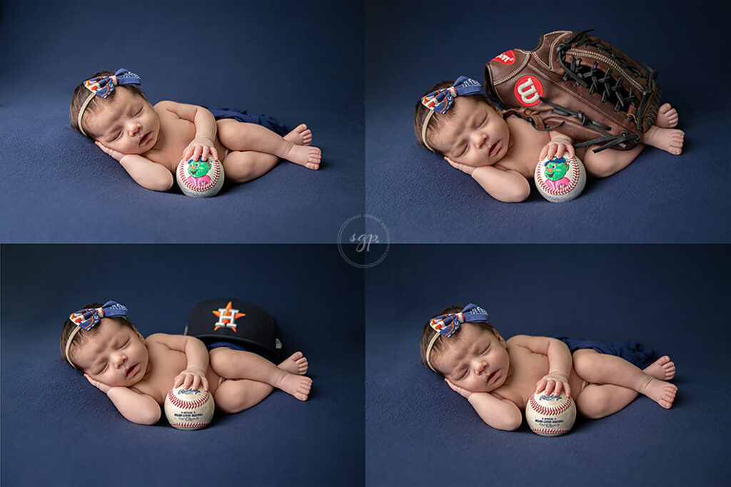 collage of baby girl with Astros themed props at in-home newborn photo session Houston Texas