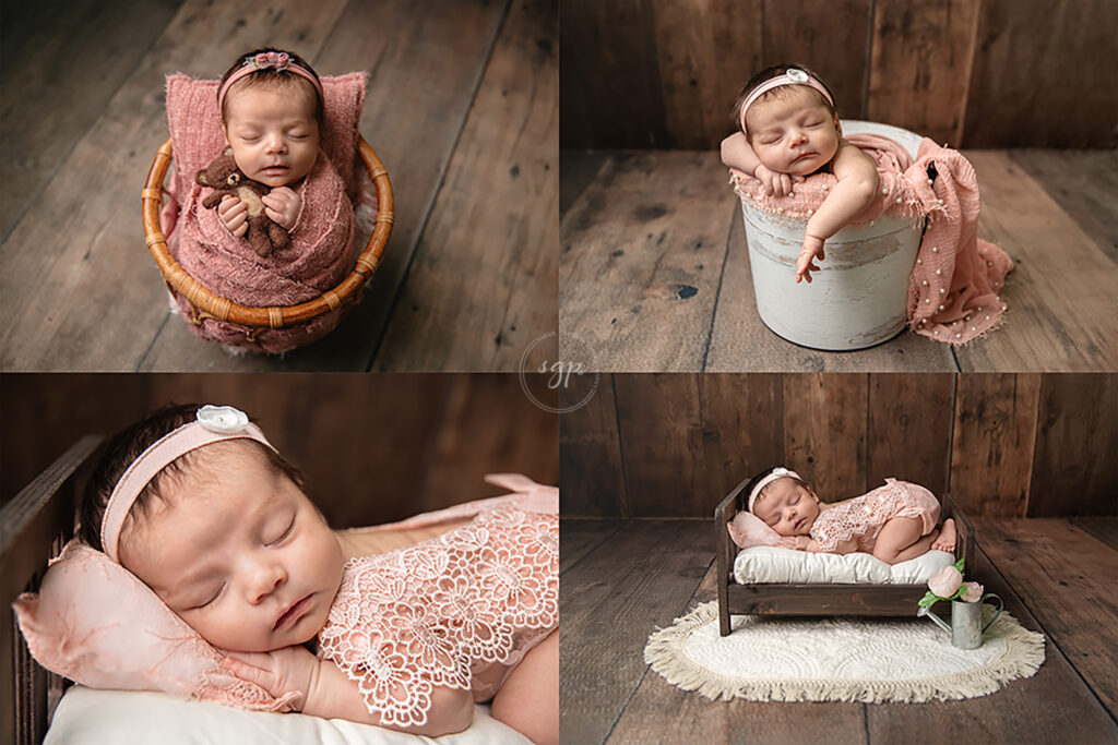 collage of four images of newborn baby girl posed in three different props at her in-home newborn photo session in Bellaire, Texas with Houston newborn photographer
