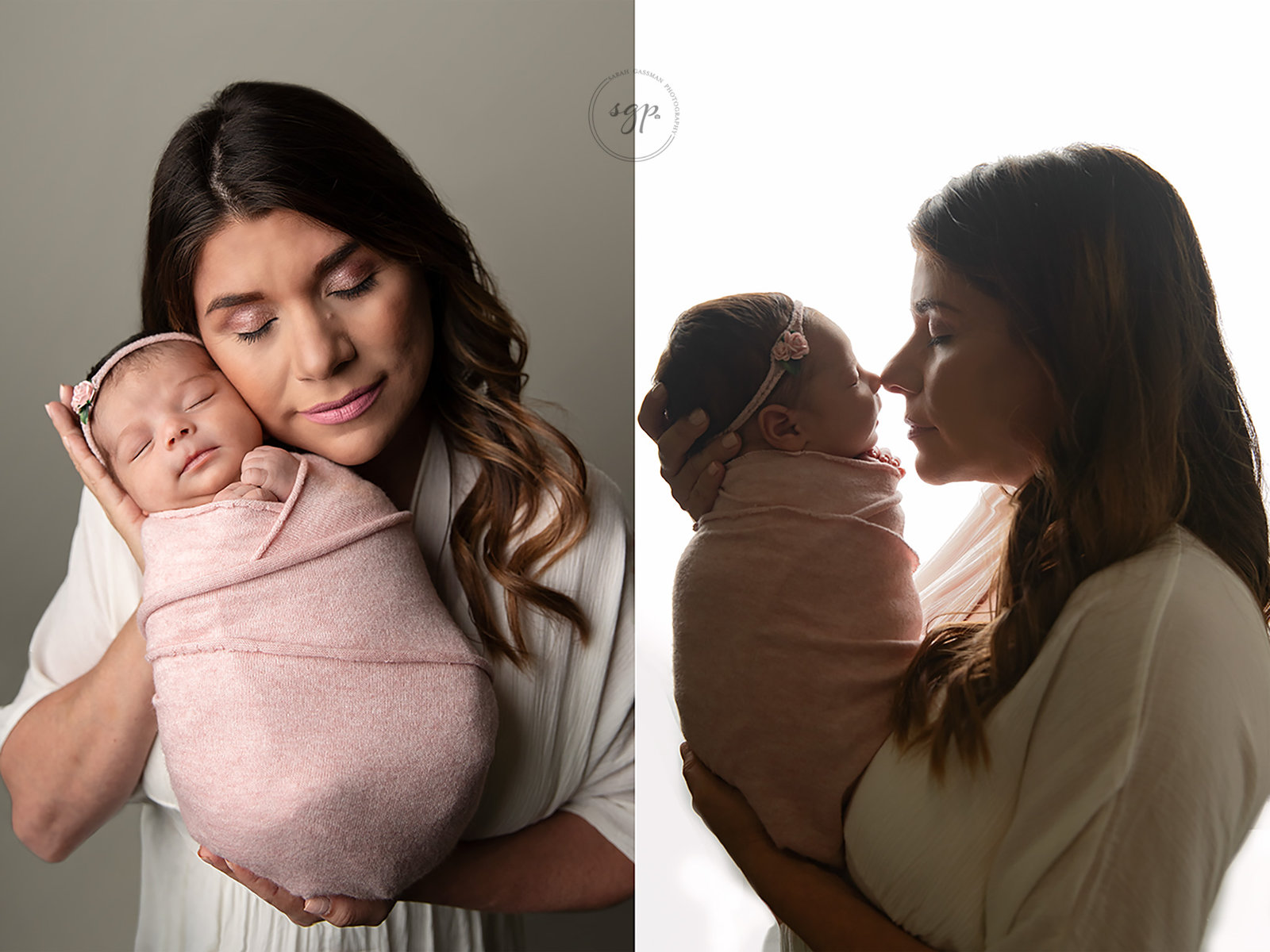 collage of four images of newborn baby girl posed in three different props at her in-home newborn photo session in Bellaire, Texas with Houston newborn photographer