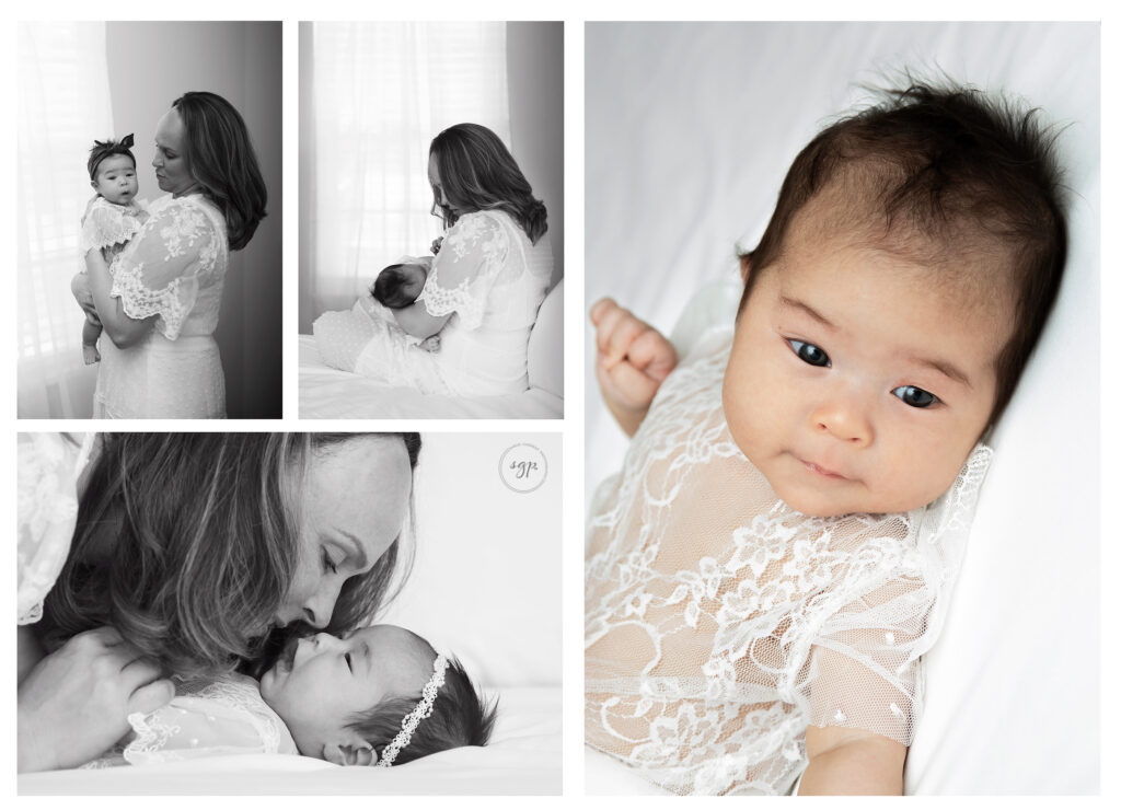 lifestyle newborn photo session baby girl and mom in white lace, breastfeeding photos, Houston, Texas newborn photographer