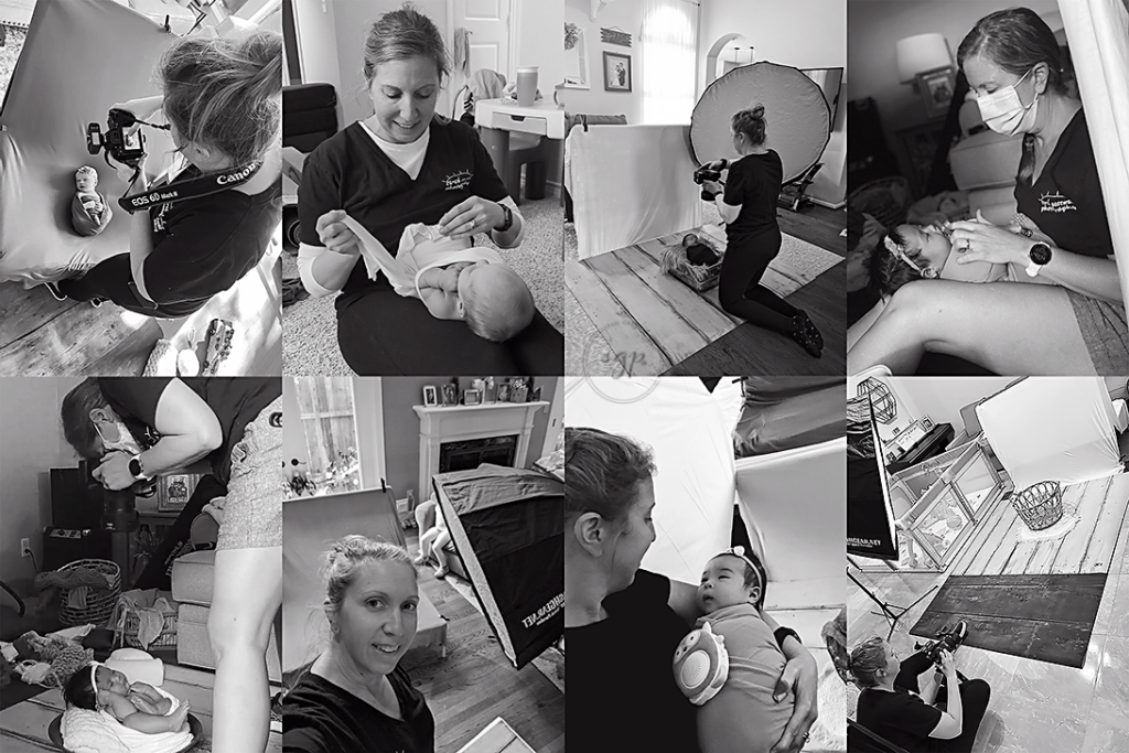 collage of newborn photographer in action at baby photo sessions in client homes