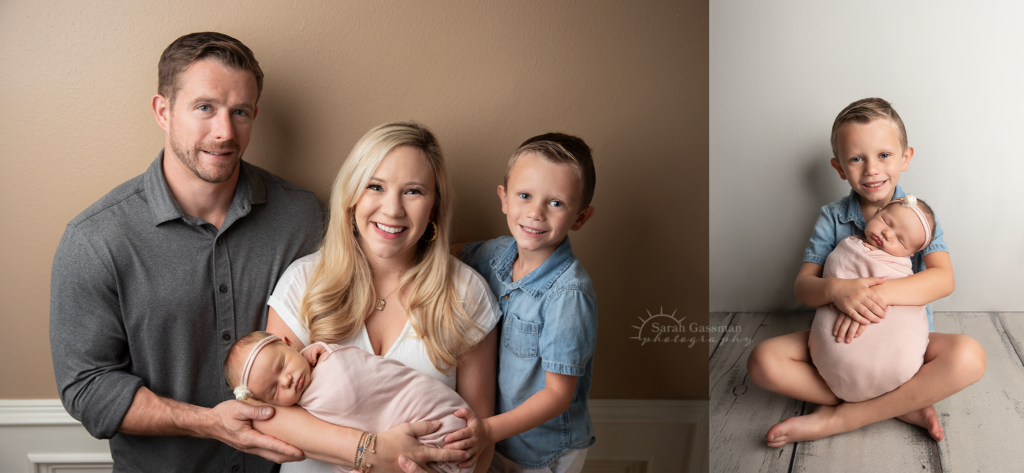 family and sibling photos with new baby girl, newborn photo session in client home, Houston newborn photographer