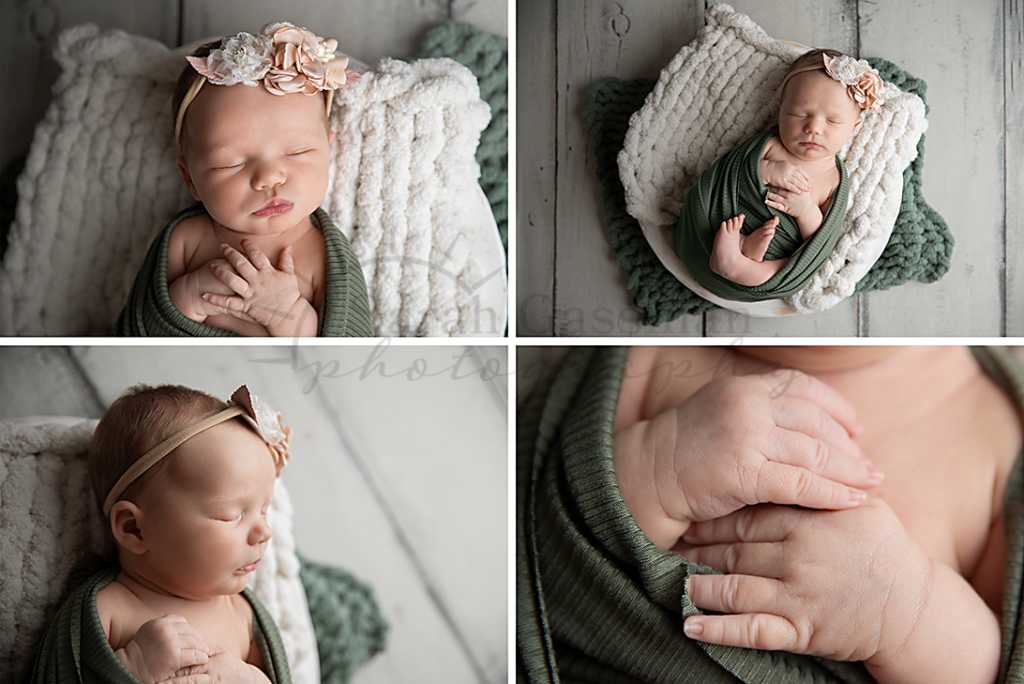 baby girl in green and cream at in-home newborn photo session, Houston Texas newborn photographer