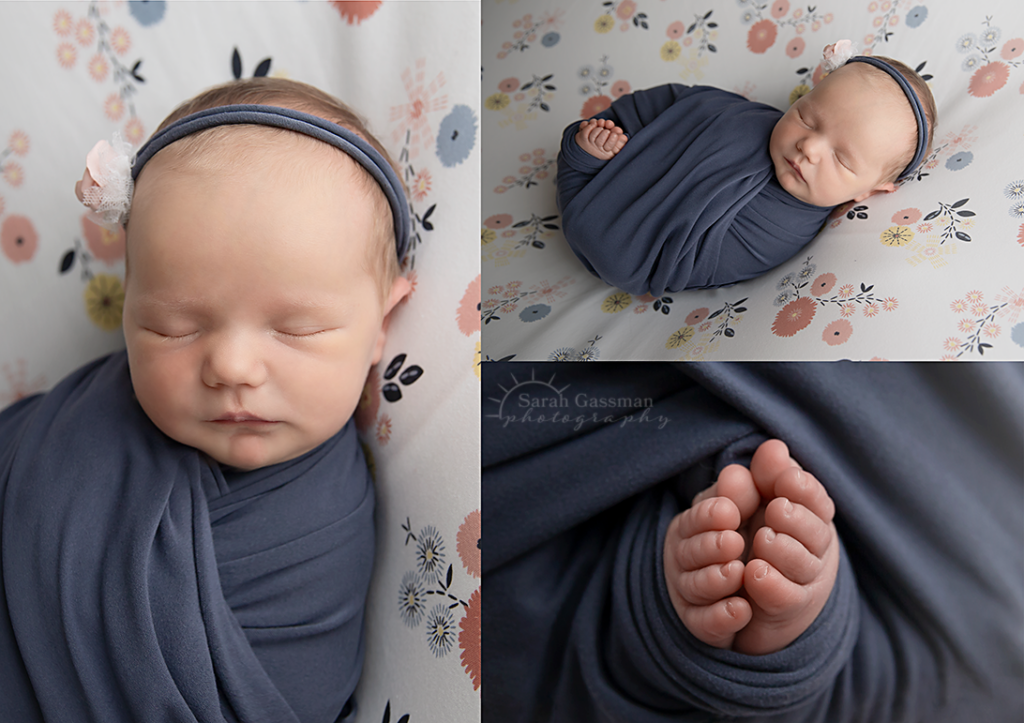 baby girl in blue and pink at in-home newborn photo session, Houston Texas newborn photographer