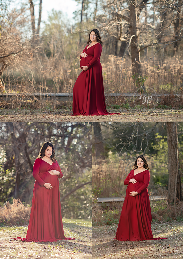 mama to be in long red dress in winter at outdoor maternity photo session Houston Texas, Houston TX maternity photographer