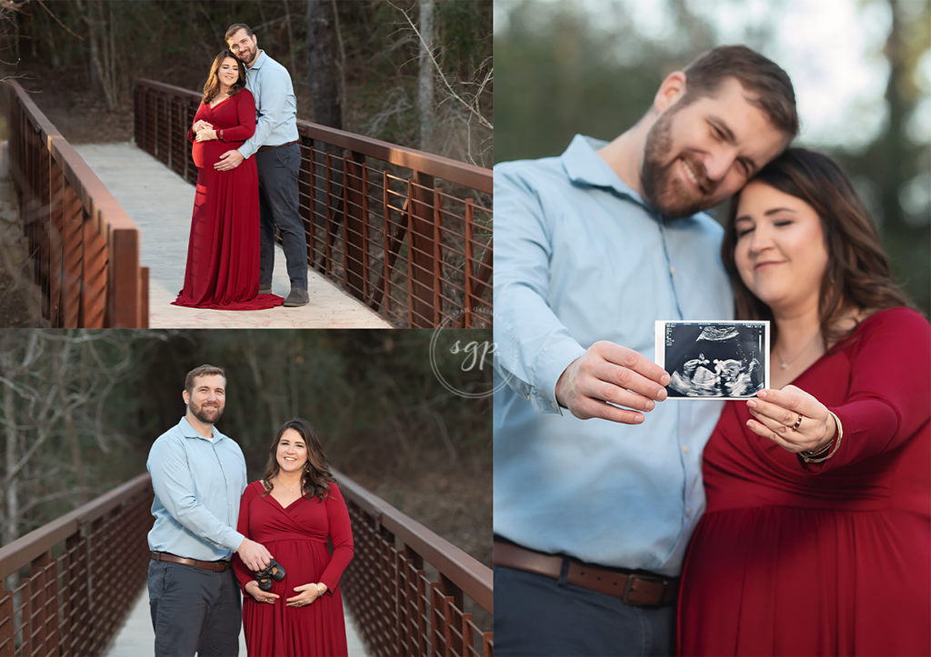 parents to be on a bridge during Houston maternity photoshoot