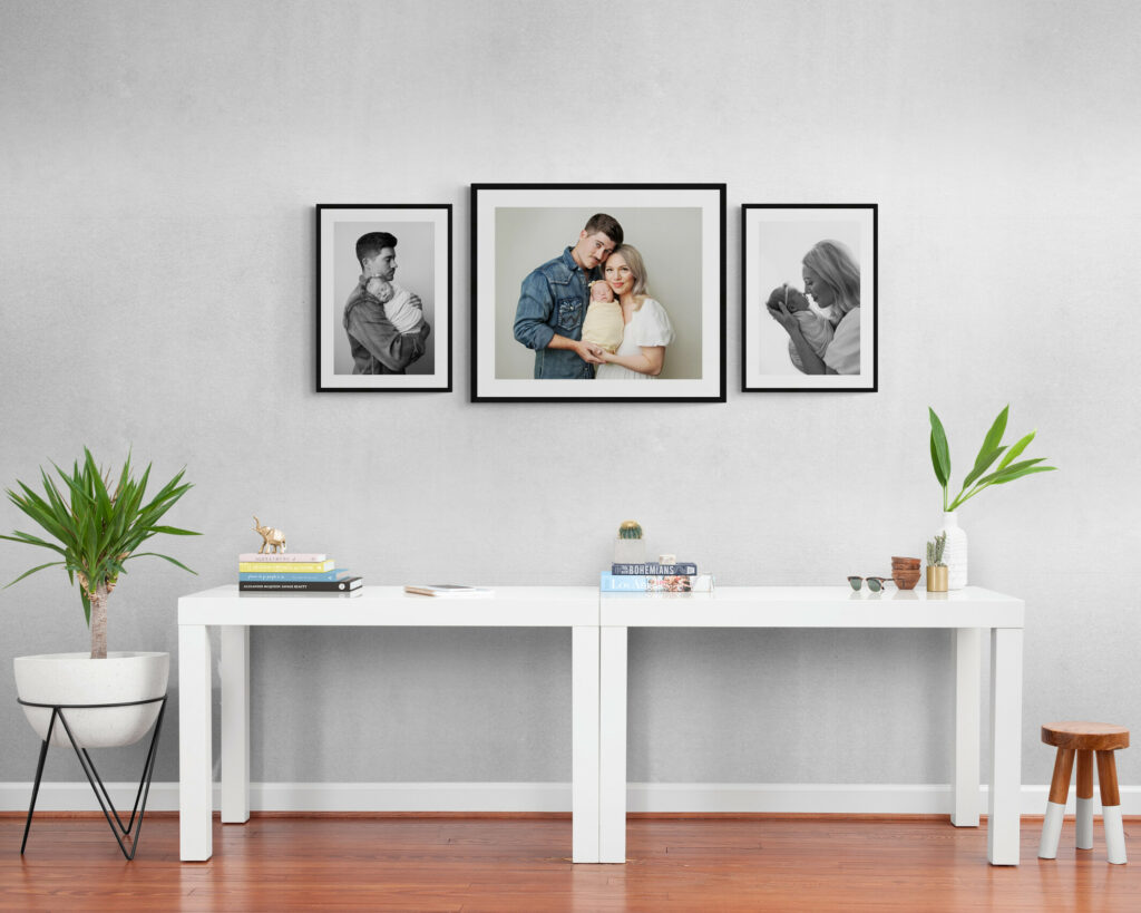 Example room with three framed and matted photos from Houston newborn photo session