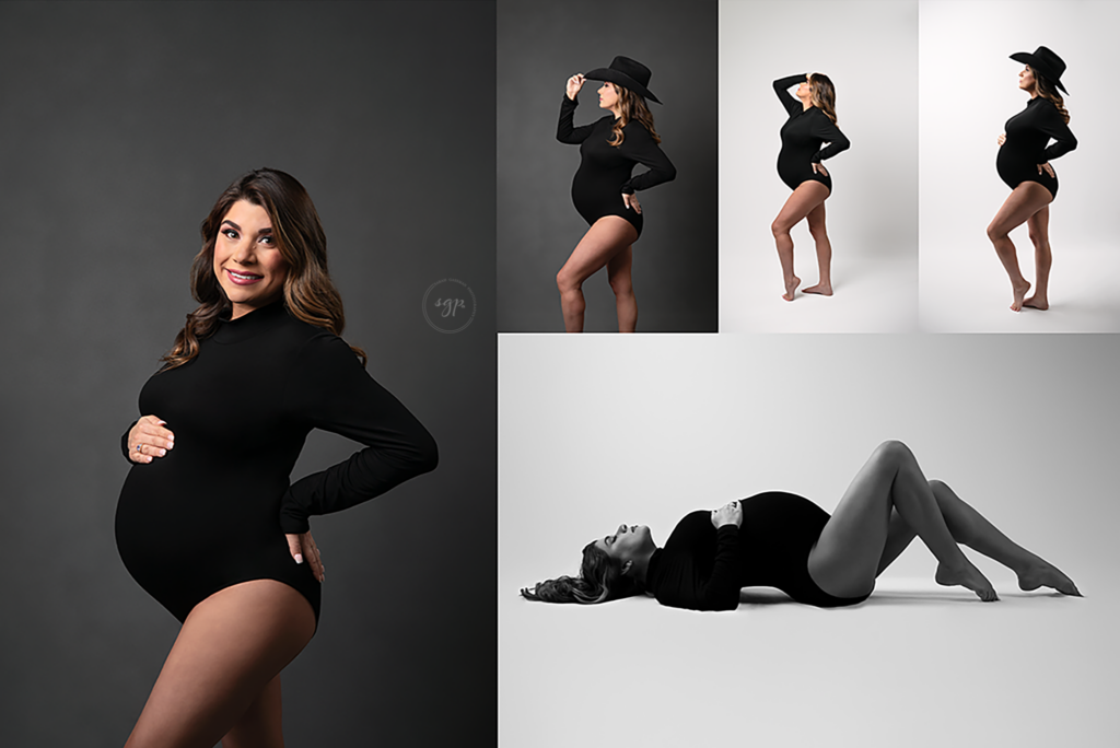 collage of mama to be in black bodysuit with mock turtle neck posed on both a gray and white backdrop for her maternity photoshoot in her home in Houston, Texas.