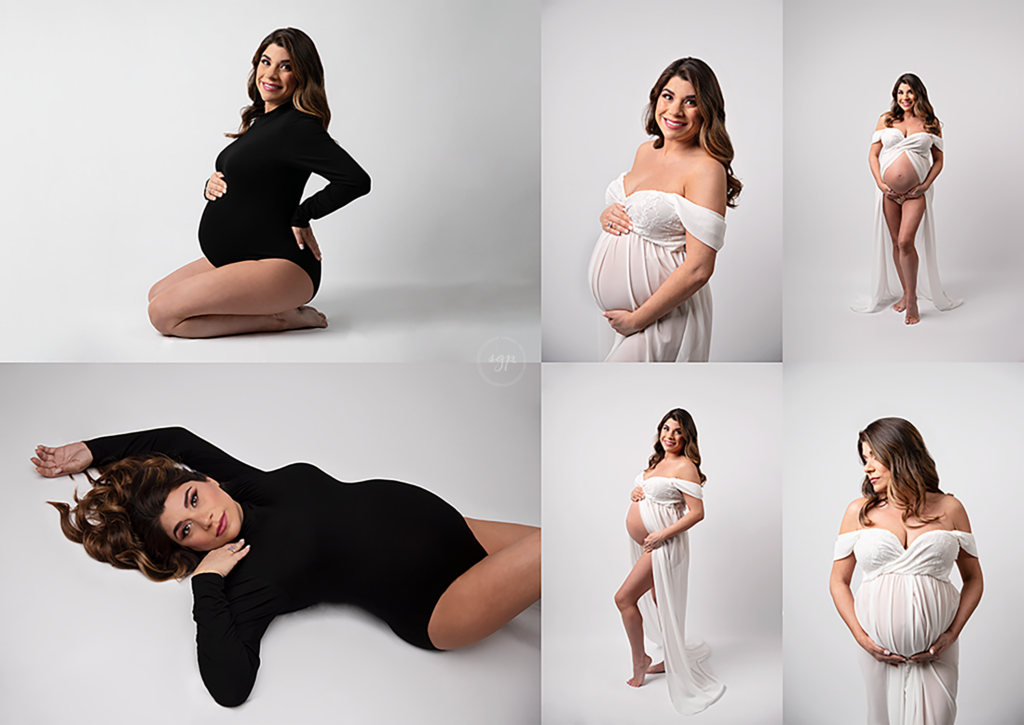 collage of pregnant woman in a white, sheer, open flowy dress and black bodysuit on a white backdrop in various standing, sitting, and lying down poses at her maternity photo session in Houston