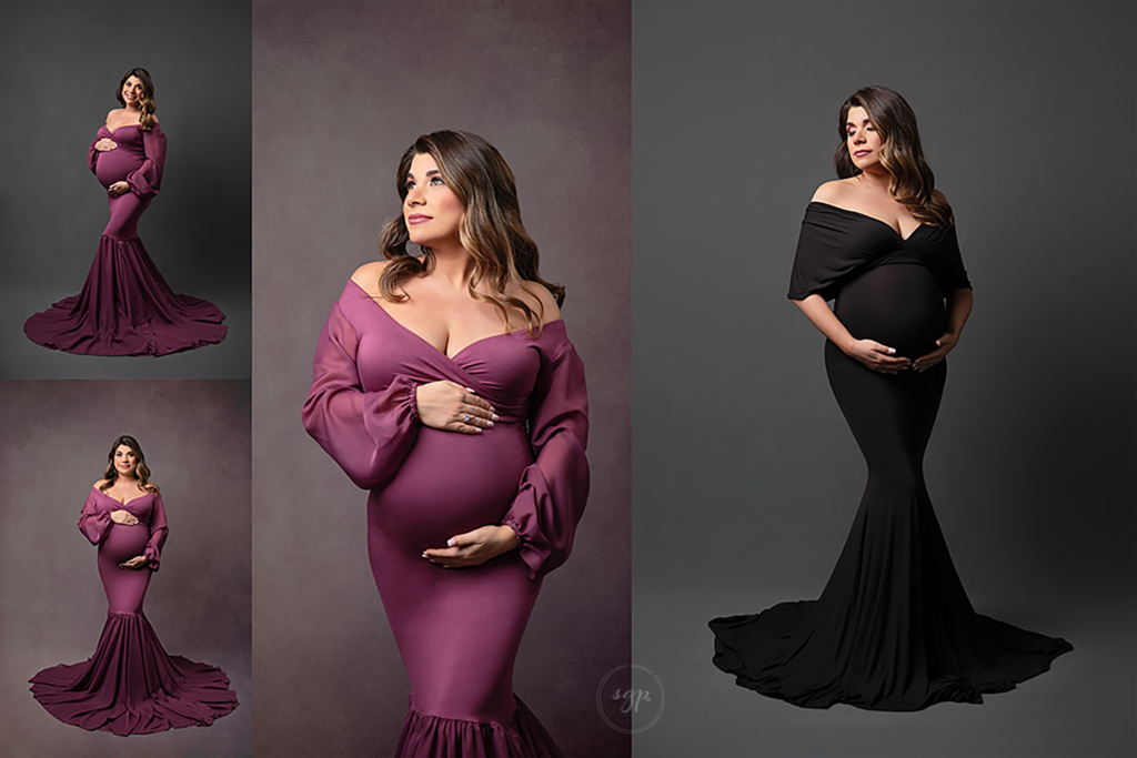 collage of expecting mother with mauve colored, mermaid gown and long black formal gown at maternity photoshoot in her home in Houston, Texas