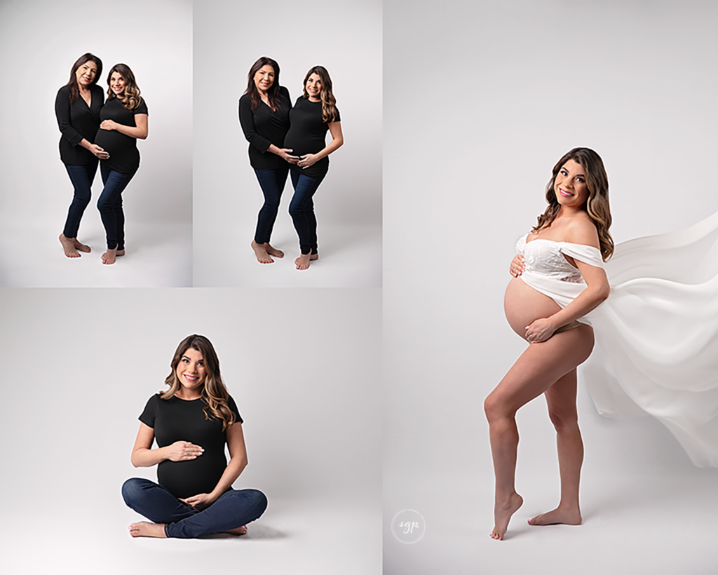 collage of maternity photos of mom and grandmother taken in their home in Houston, Texas