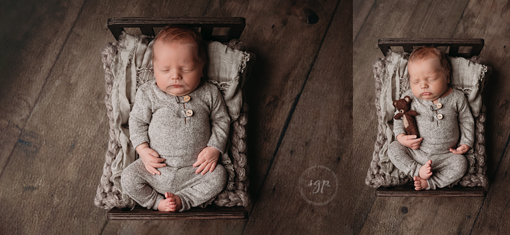 baby boy in brown and gray sleeping posed on baby bed with teddy, Houston newborn photography, newborn photographer Houston