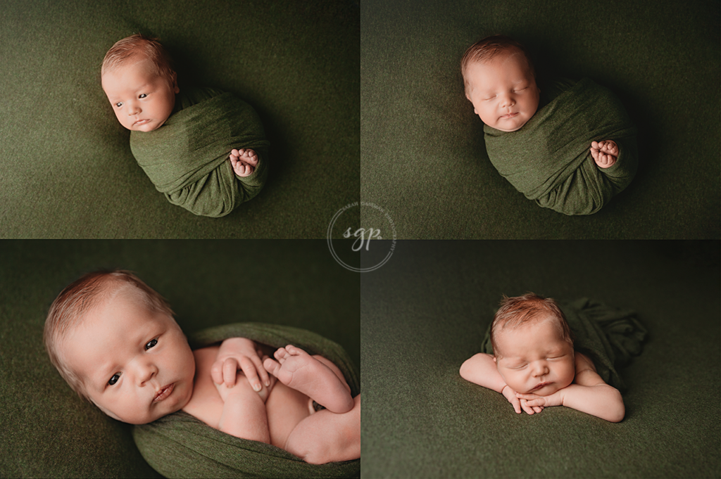 collage of images from Houston newborn photos taken in client home, baby boy in green at in-home newborn photoshoot, Houston newborn photographer