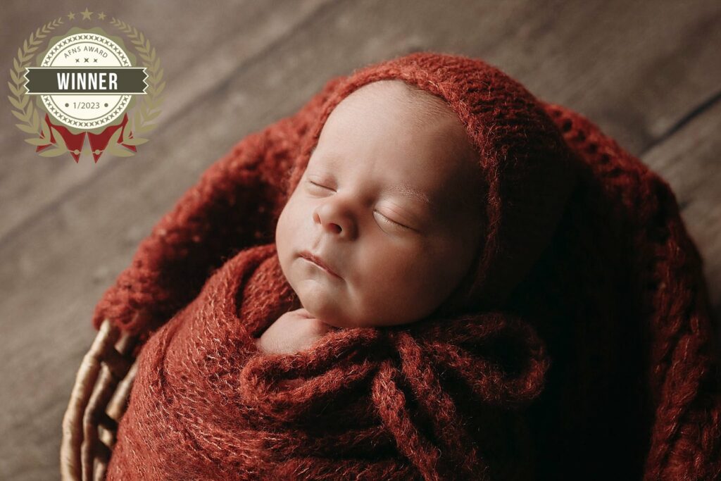 award winning photo of baby wrapped in rust color in basket at in-home newborn photo session, Houston newborn photographer