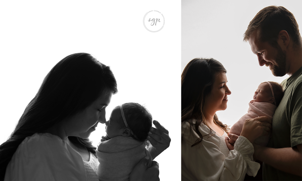 backlit images of parents with new baby girl at in-home newborn photoshoot Houston. Houston Newborn photographer