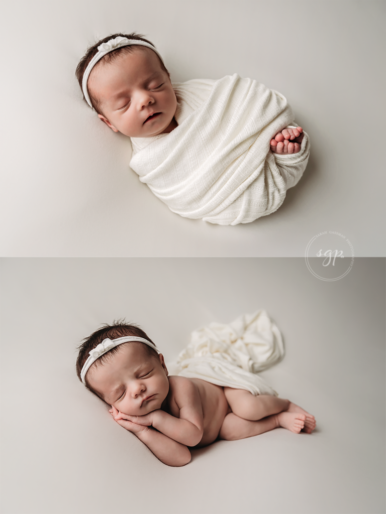 baby girl on cream colored background all wrapped up and side laying at in-home newborn photo session in Houston, Texas