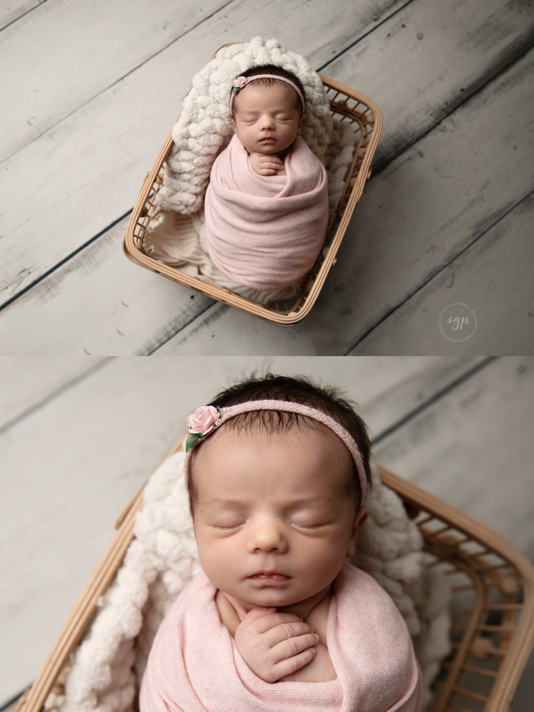 baby girl in pink wrap and matching headband in a basket with cream blankets one white wood floors at at-home newborn photo session in Houston Texas