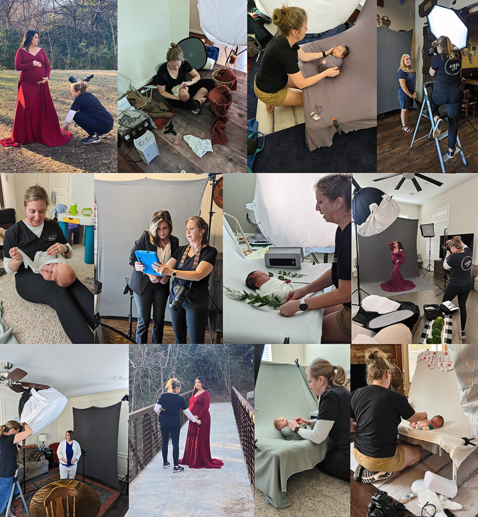 Collage of Houston portrait photographer behind the scenes with clients providing support during photo sessions