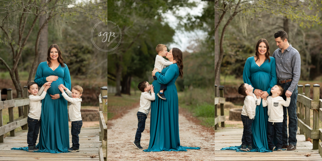 three images of maternity photos with two children and parents on bridge