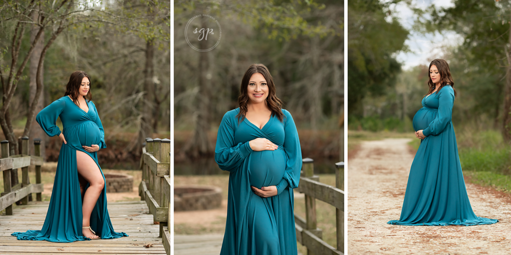 three images of pregnant woman in long, flowy, teal dress at outdoor maternity photo session