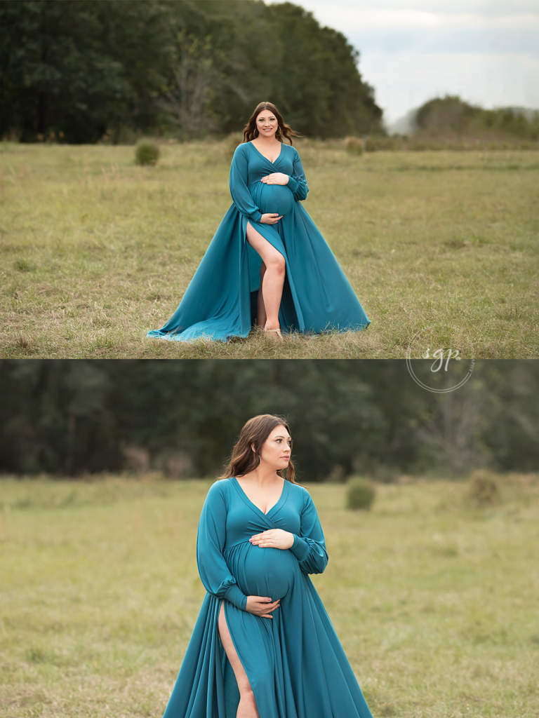 Mama to be in long, teal dress at outdoor maternity photo session in a big field of green