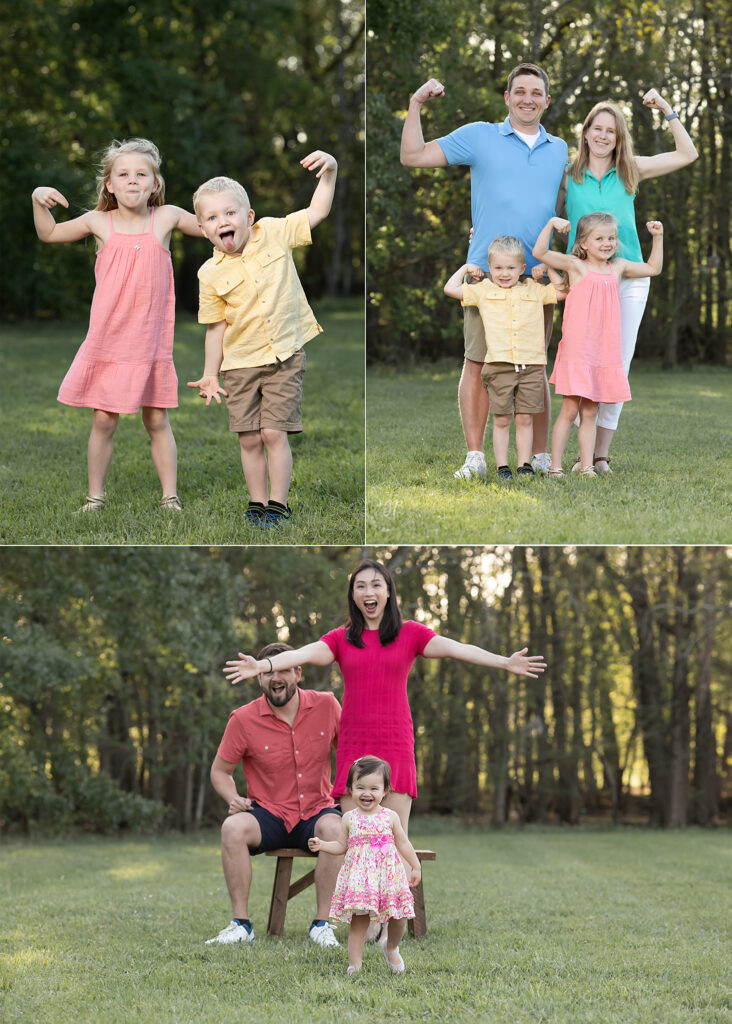 Collage of family being silly, showing their personalities in an outdoor extended family photo session